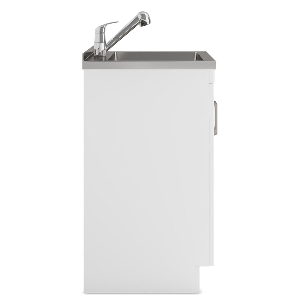White Laundry Cabinet with Stainless Steel Sink and Pull-Out Faucet