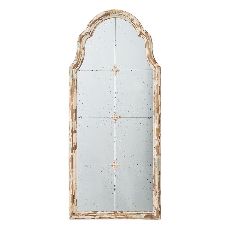 Large & Framed Arched Wall Mirror with Decorative Window Design - Cream