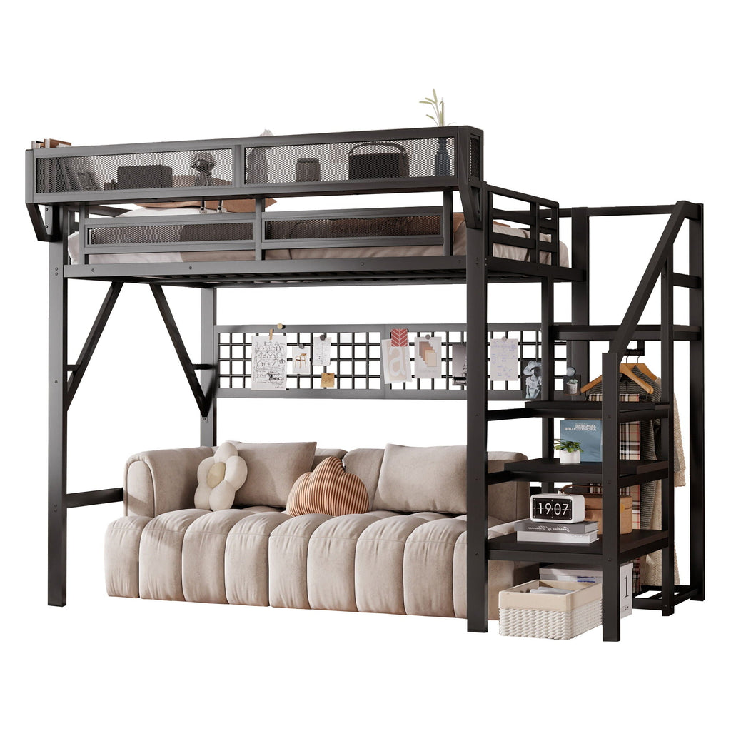 Black Loft Bed with Stairs, Storage Shelf, and LED Lighting