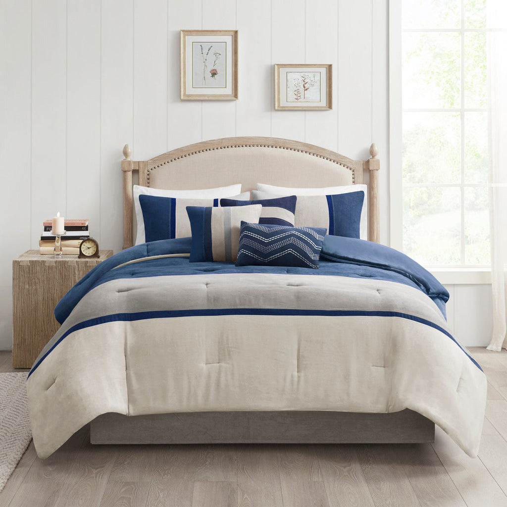 Blue Faux Suede Queen Comforter Set with Decorative Pillows - 7 Piece