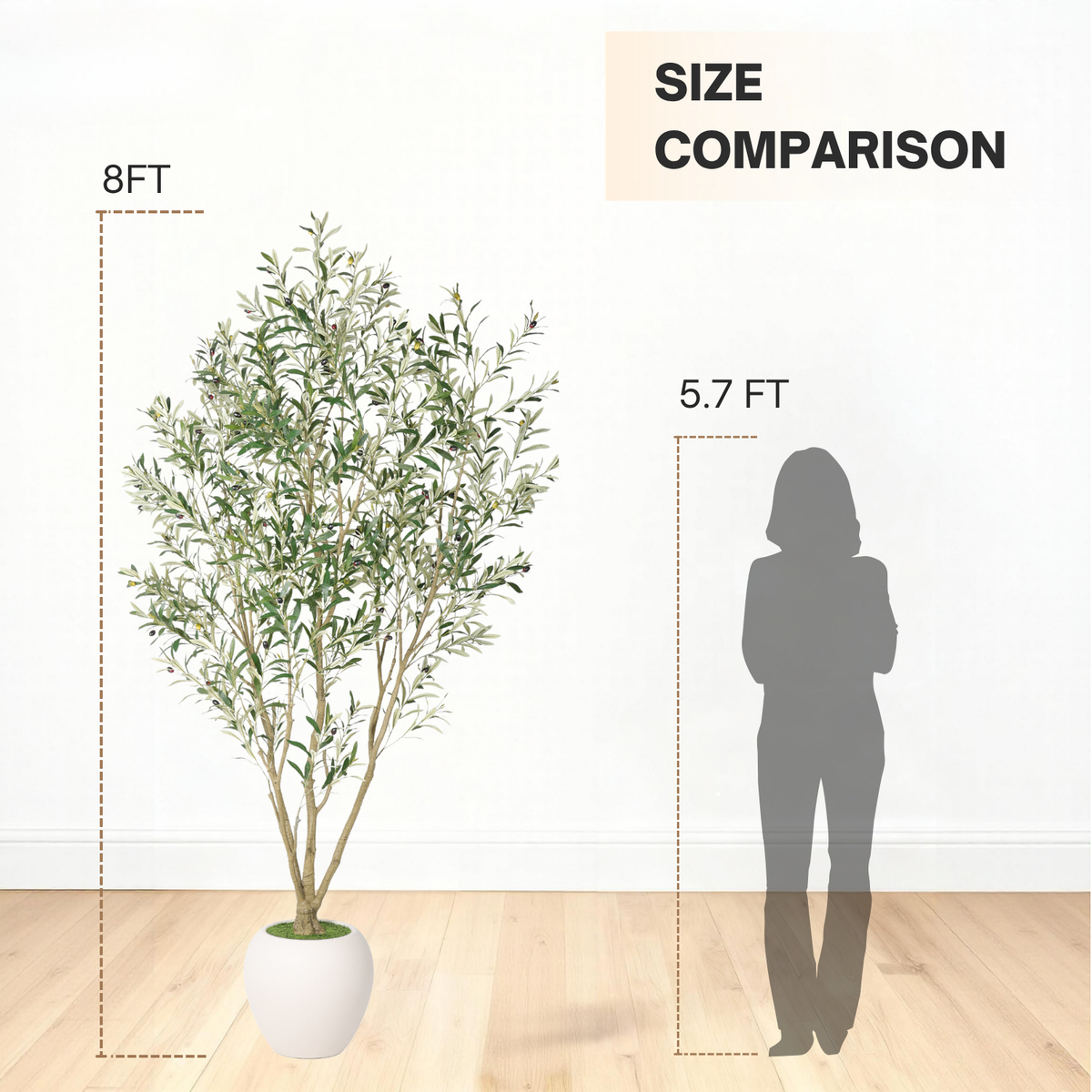 8FT Artificial Olive Tree with Decorative White Planter - Green Leaves
