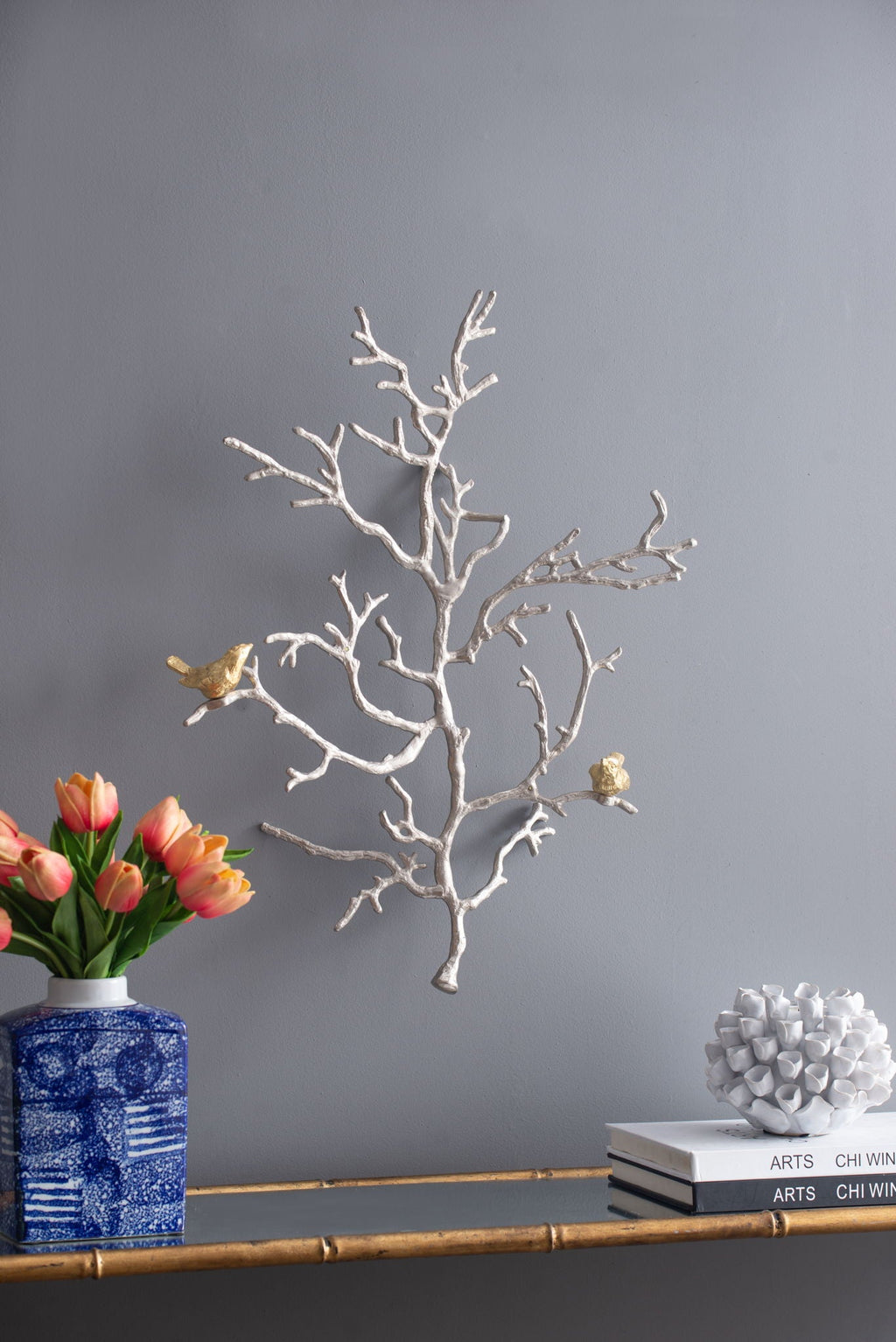 Metal Branch Wall Sculptures with Bird Accents - Silver Multi