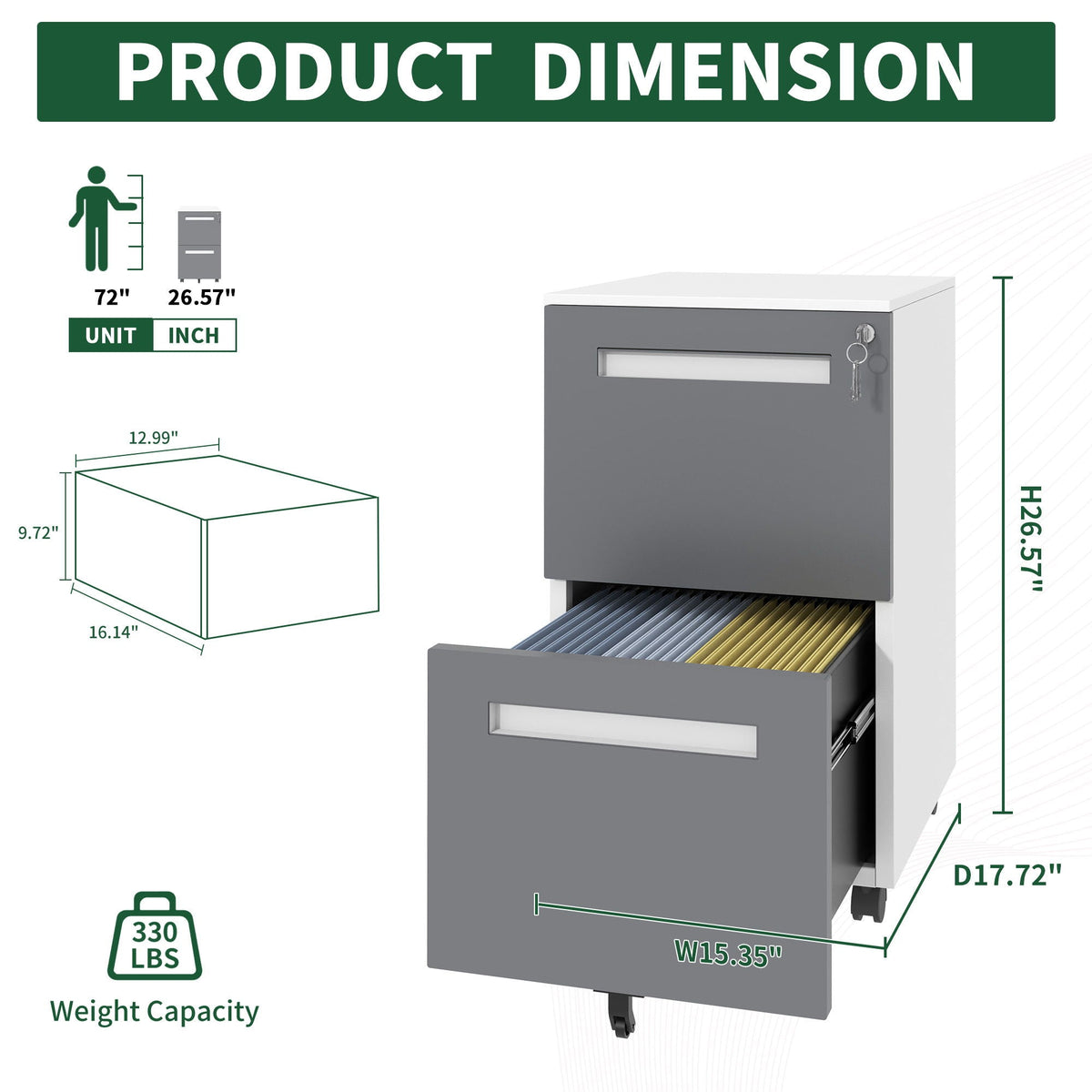 2-Drawer Mobile File Cabinet with Lock - White