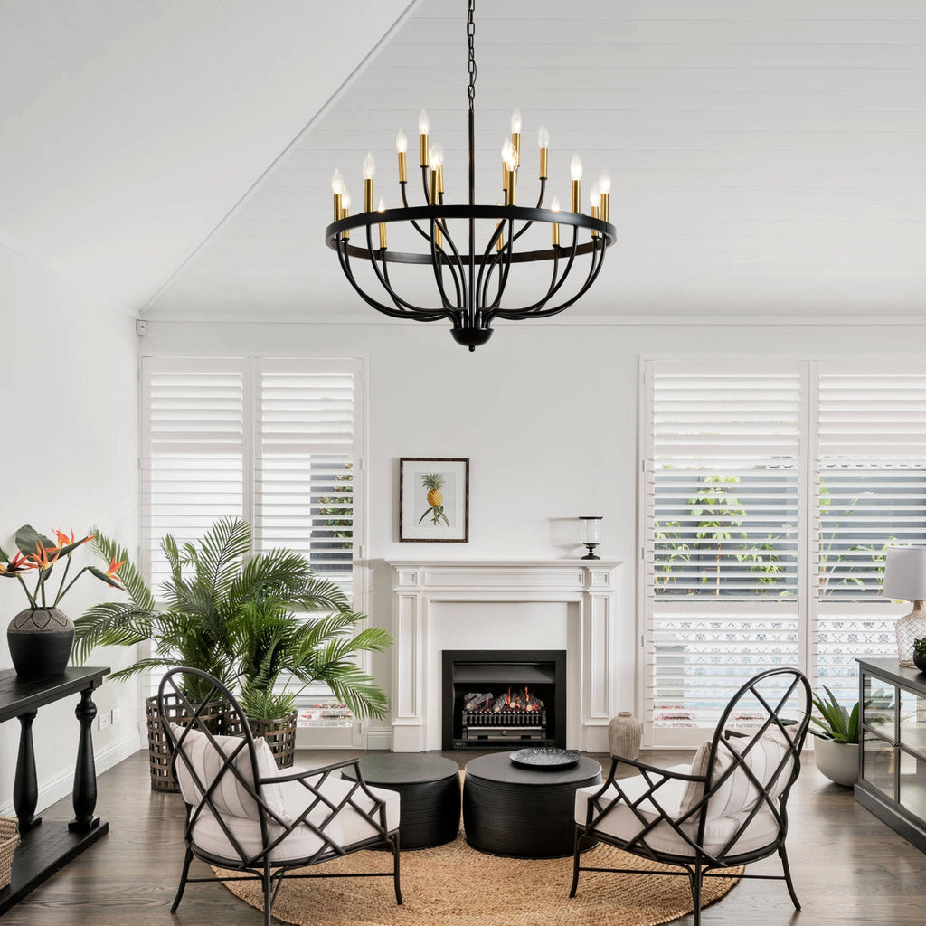 18-Light Industrial Iron Candle Chandelier with Adjustable Height - Gold & Black