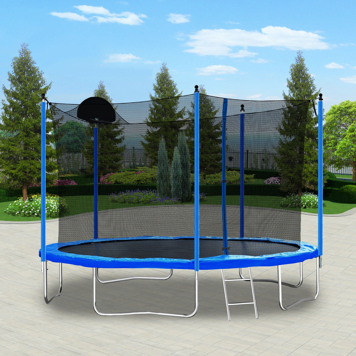 12Ft Trampoline with Basketball Hoop and Safety Net - Blue