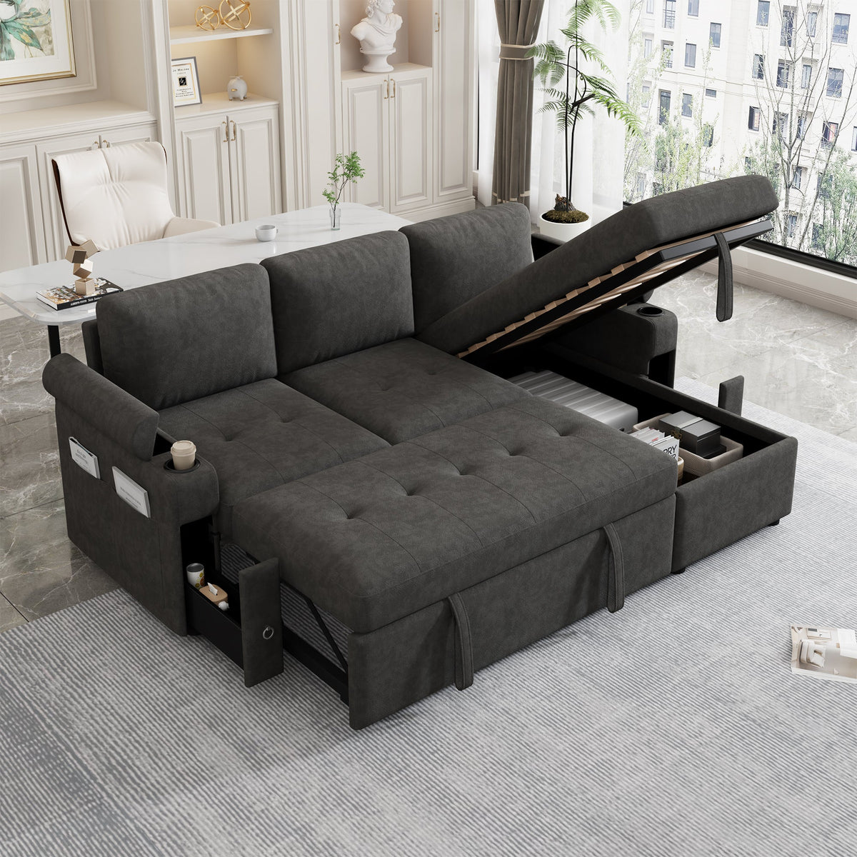 L-Shaped Sectional Sofa Bed with Storage & USB Ports - Chenille