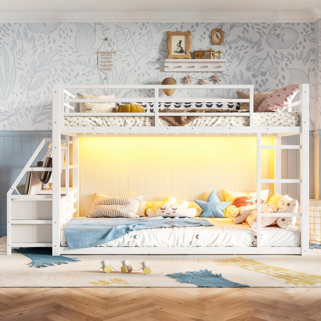 Twin Over Twin Bunk Bed with Storage Shelves and LED Lights - White