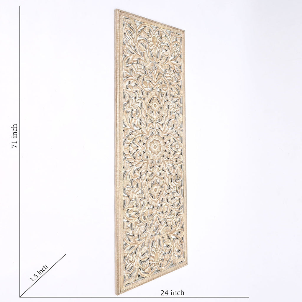 Floral Hand Carved Mandala Rectangle Wall Decor with Mirror - Antique Brown / White