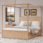 Canopy Platform Bed with Trundle and 3 Storage Drawers - Queen, Solid Pine