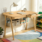 Solid Wood Writing Desk with Drawers & Storage Shelf - Mid Century Modern
