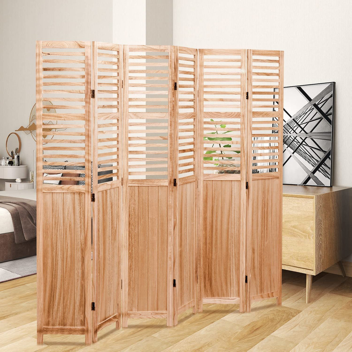 Light Brown Panel Folding Room Divider with Metal Hinges - Solid Wood