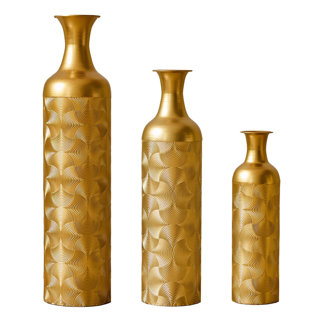 Semi-Handcrafted Metal Vase Set with Embossed Texture - Gold