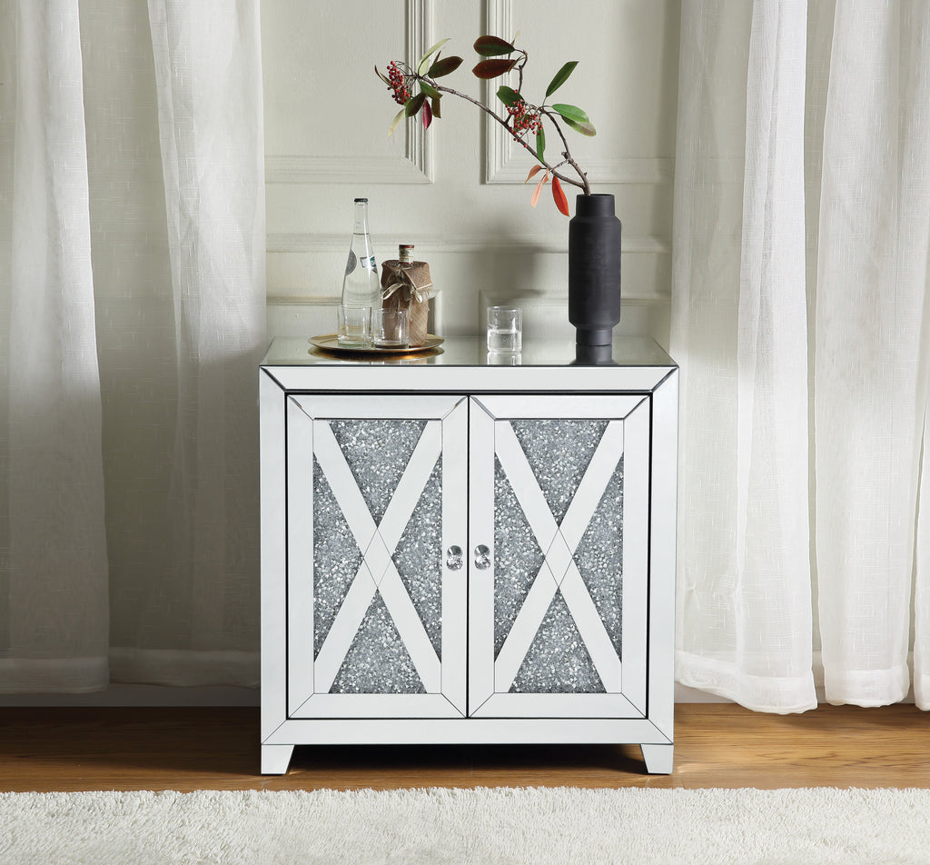 Mirrored Console Cabinet with Faux Diamond Inlay - Silver