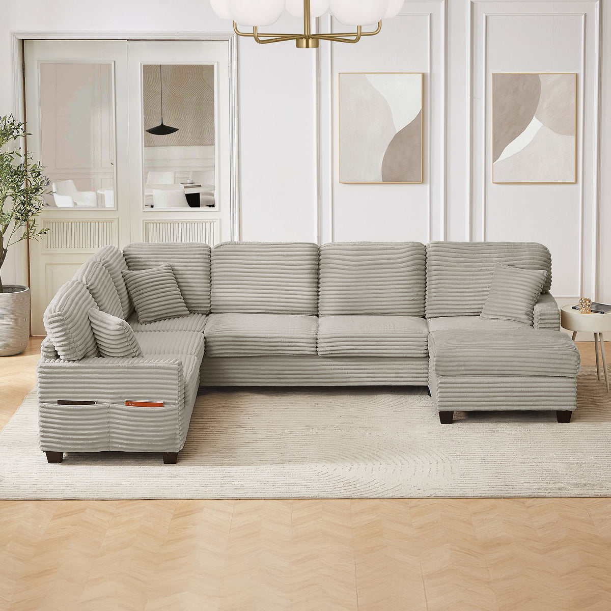 U-Shaped Upholstered Sectional Sofa with Movable Ottoman