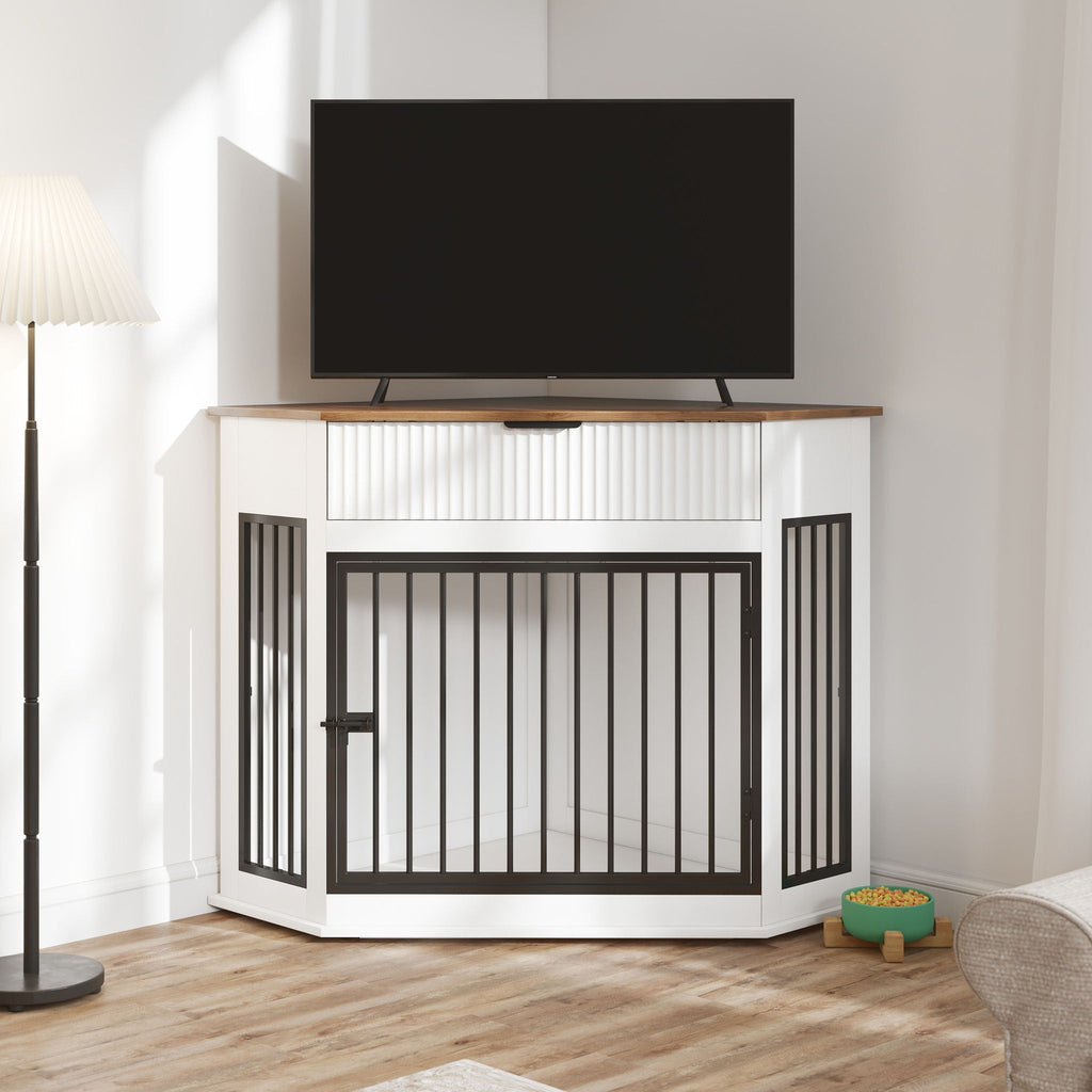 Corner Dog Crate with Fluted Drawer - White or Dark Brown