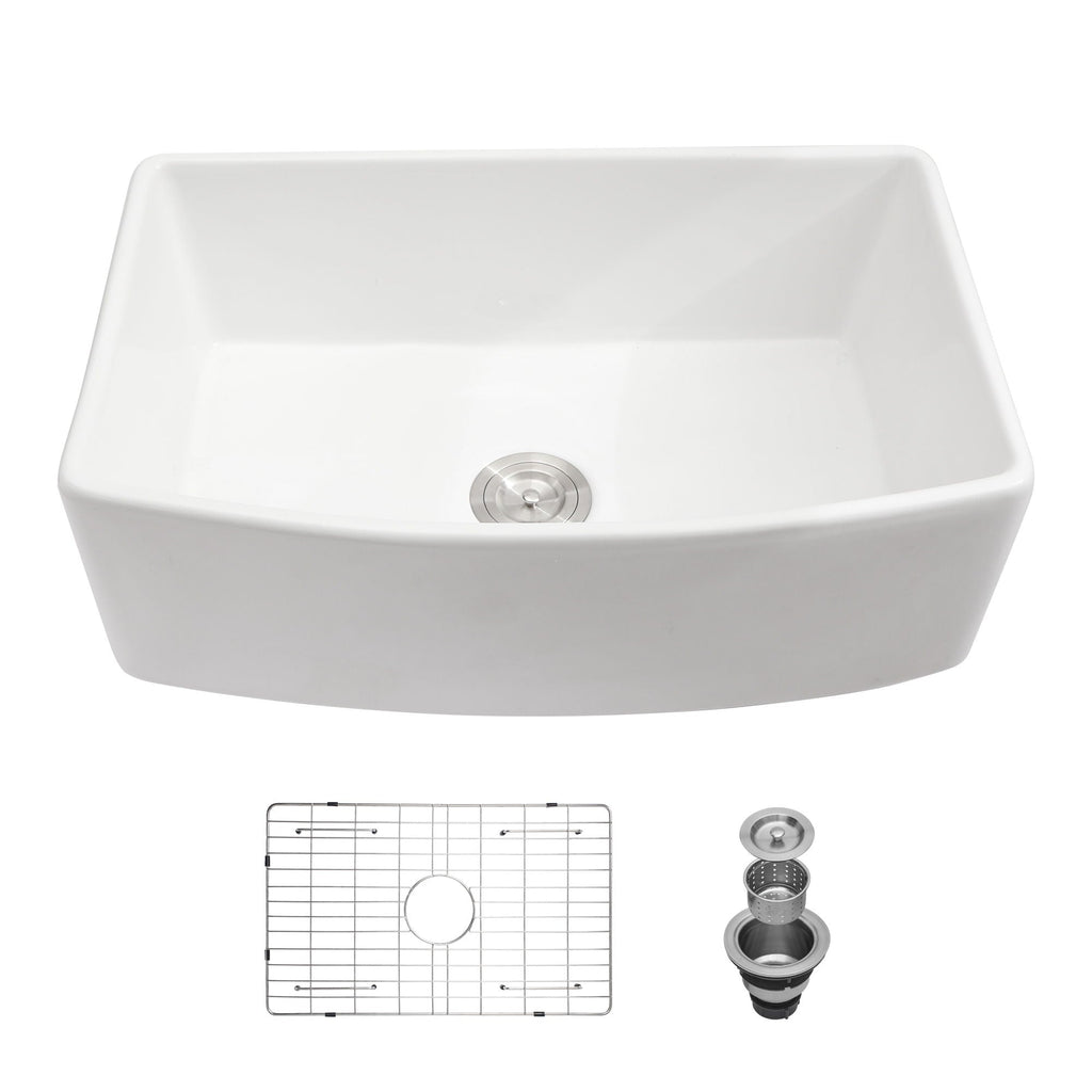 Ceramic Farmhouse Sink Apron Front Single Bowl with Arch Edge - White