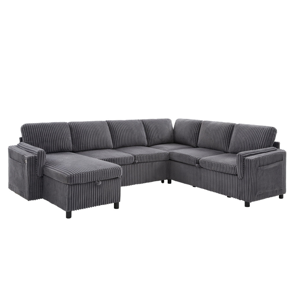Convertible U-Shaped Sectional Sofa Bed with USB Ports and Storage – Black, Dark Gray, Blue