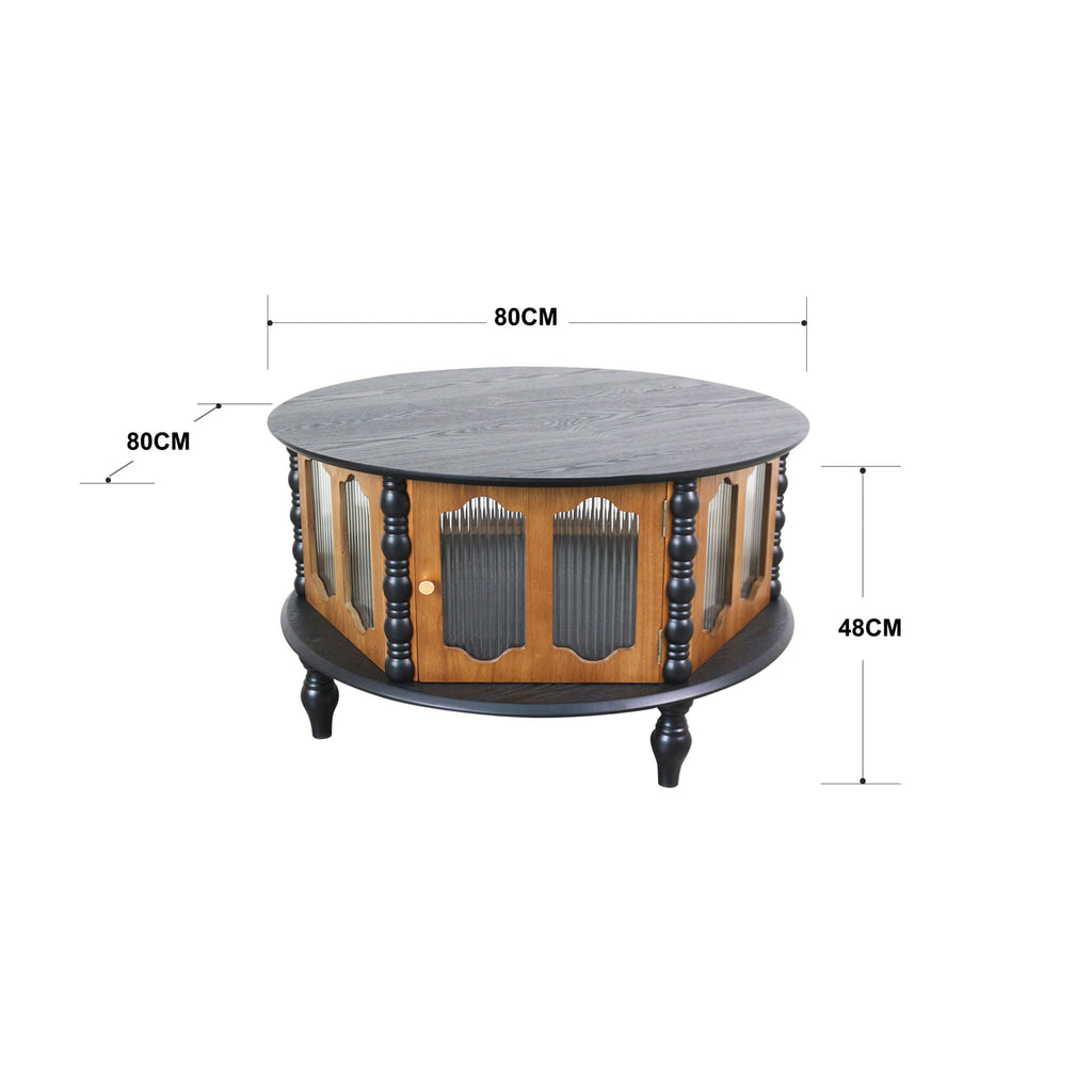 Round Storage Coffee Table with Fluted Glass Doors - Black or Dark Brown