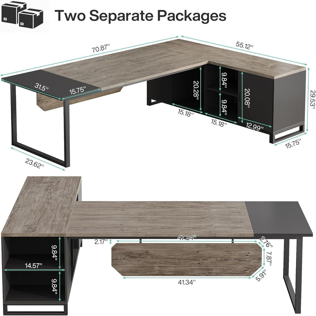 L-Shaped Executive Desk with File Cabinet and Storage - Light Brown or Dark Gray
