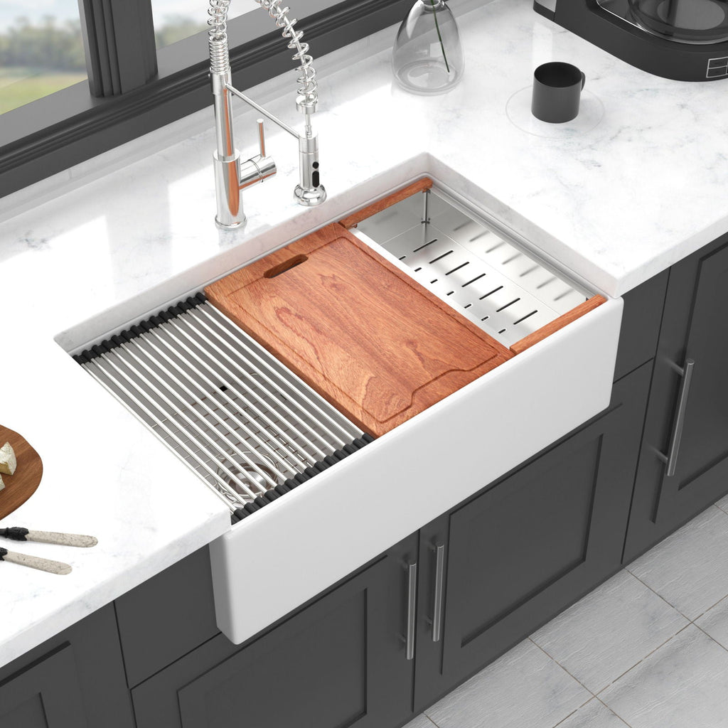Farmhouse Sink Workstation 33" Ceramic Double Bowl with Ledges - White