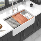 Farmhouse Sink Workstation 33" Ceramic Double Bowl with Ledges - White