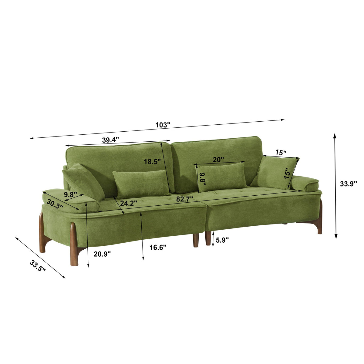 Deep Seated Fabric Stationary Sofa with Plush Pillows - Beige, Green, or Red