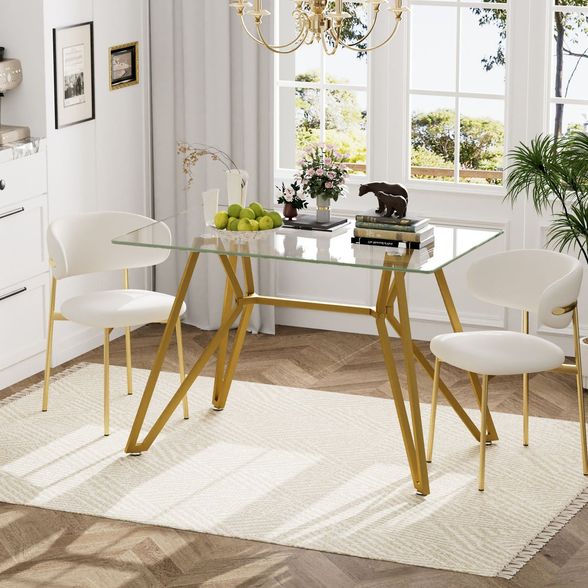 Modern Glass Dining Table with Metal Legs - Gold