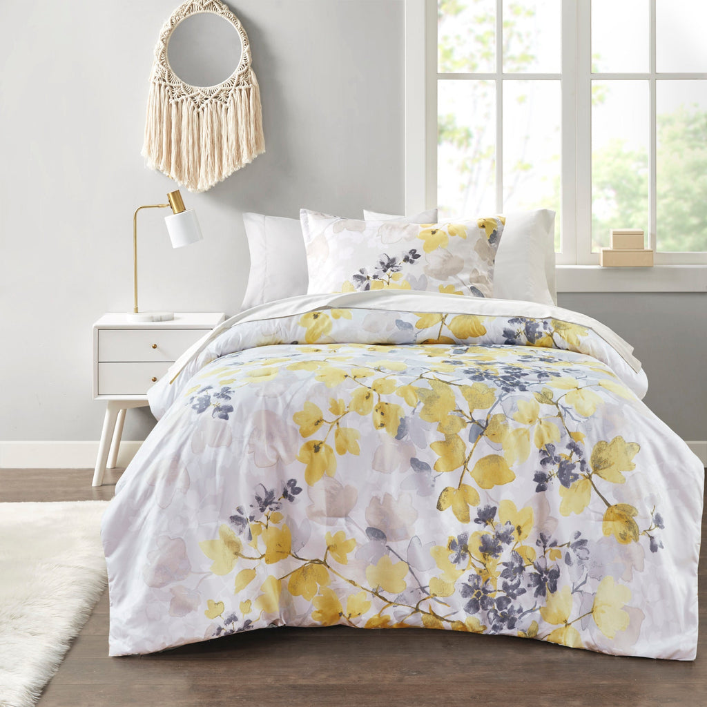Yellow Botanical Comforter Set with Hypoallergenic Microfiber - Full