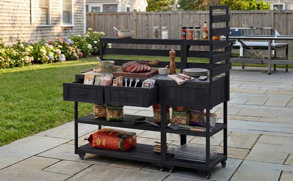 Solid Wood Patio Kitchen Island with Stainless Steel Top - Available in Black, Brown, or Gray