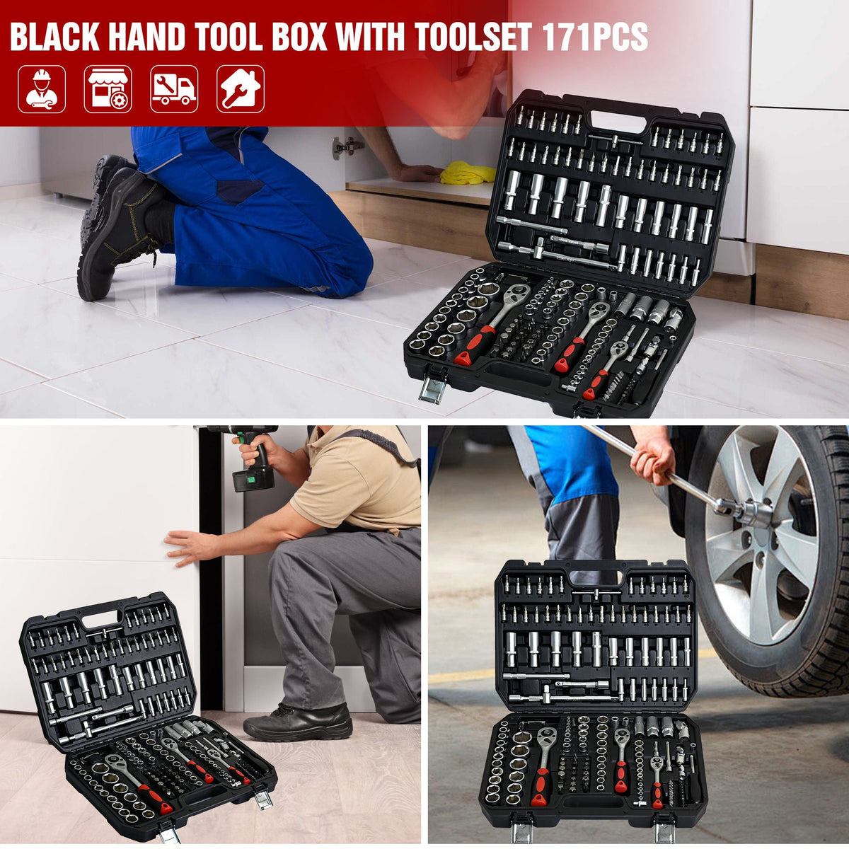 Socket and Ratchet Tool Set with Locking Toolbox - Black