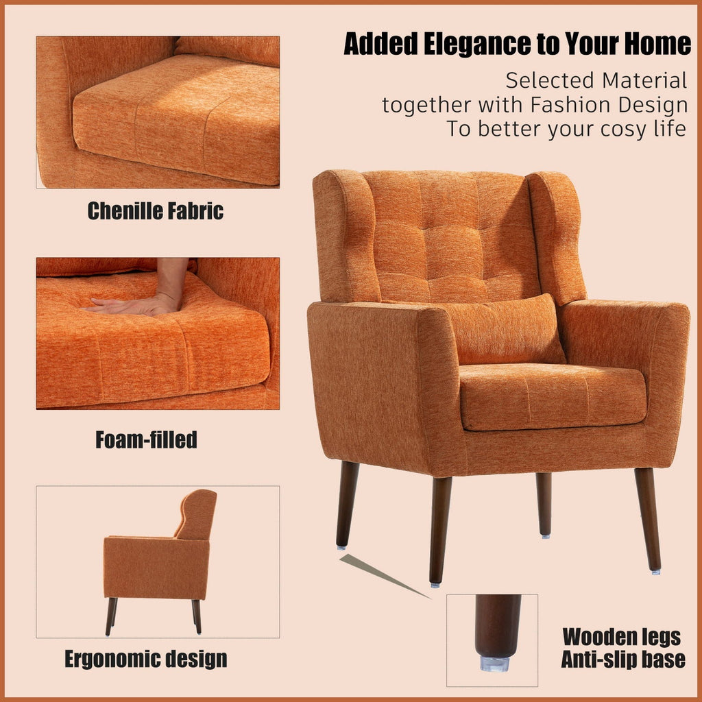 Modern Upholstered Arm Chair with Solid Wood Legs and Pillow - Multiple Colors