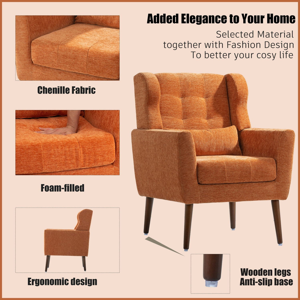 Modern Upholstered Arm Chair with Solid Wood Legs and Pillow - Multiple Colors