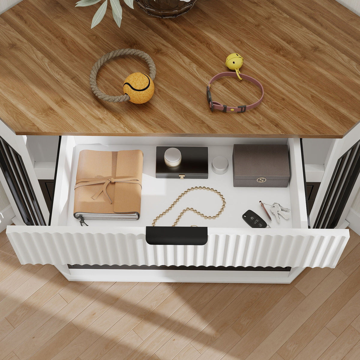Corner Dog Crate with Fluted Drawer - White or Dark Brown