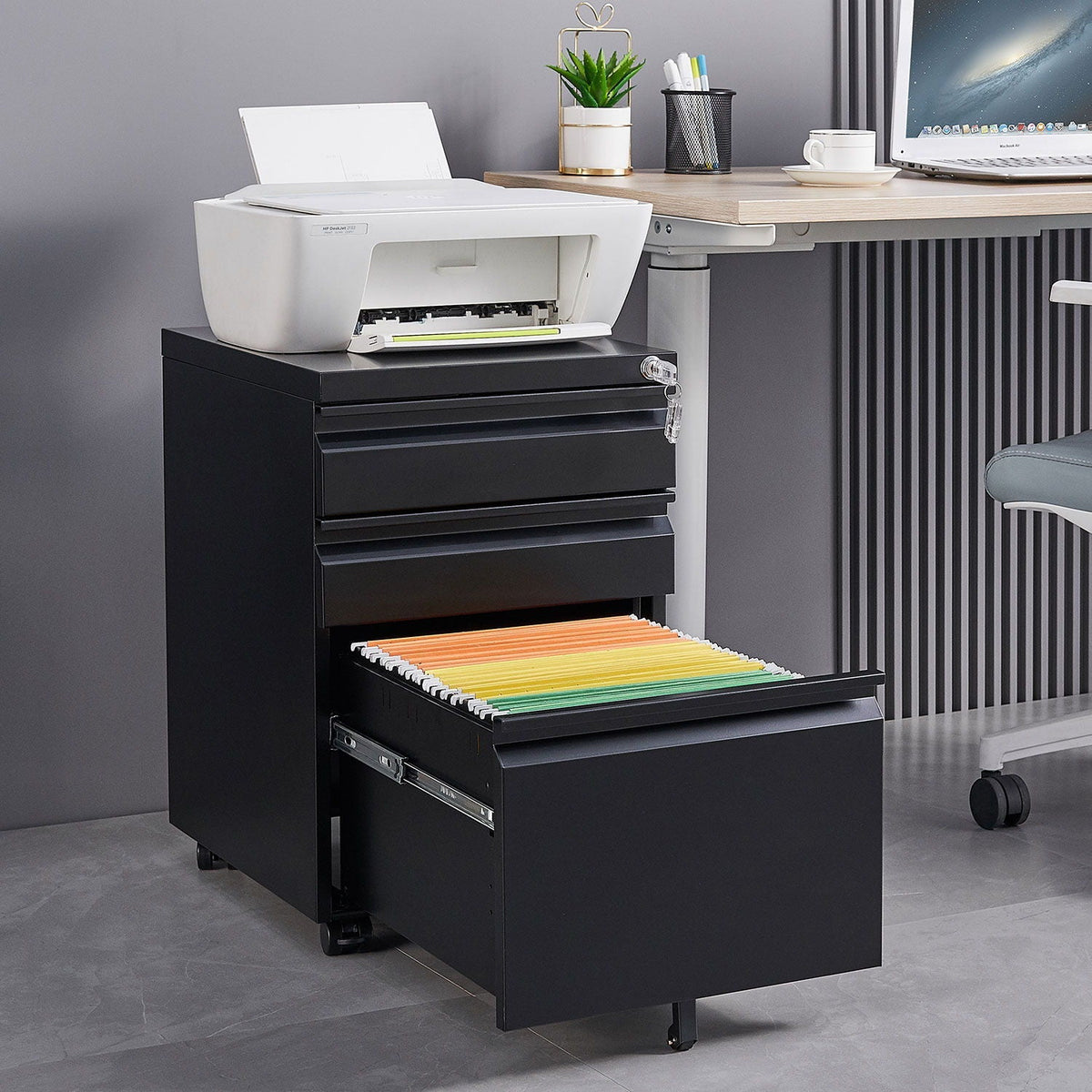 Contemporary 3 Drawer Mobile Filing Cabinet With Lock