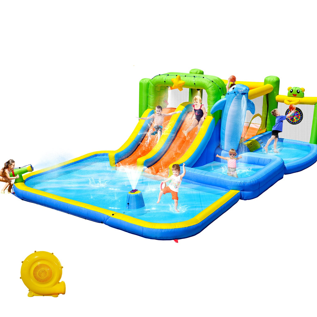9-in-1 Inflatable Bounce House with Water Features - Multicolor