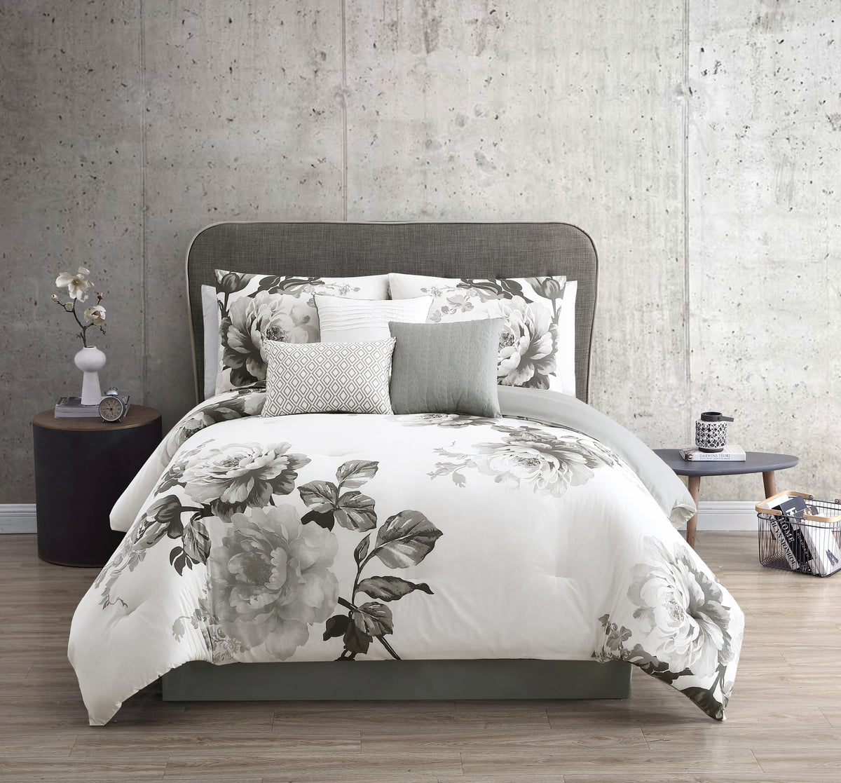 Black and White Floral Comforter Set with Reversible Backing - 7 Piece