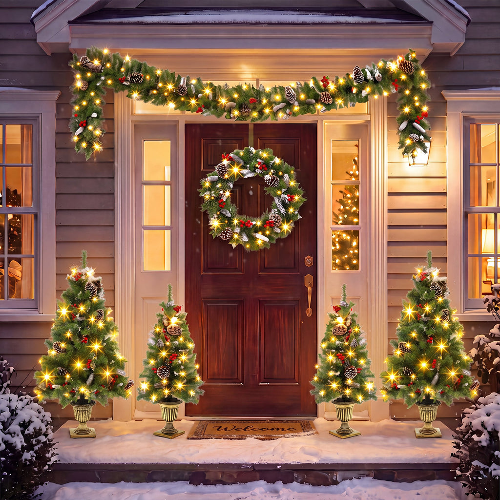 6-Piece Christmas Tree Set with Pre-Lit Wreath and Garland – Warm