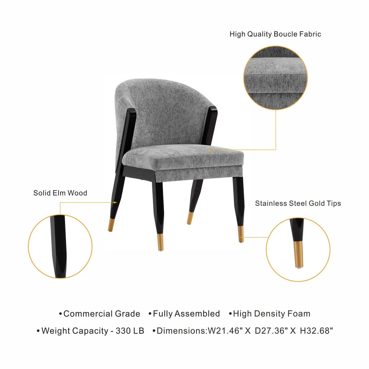 Ola Dining Chair with Solid Elm Wood Frame and High-Density Foam - Beige, Gray, or Dark Gray