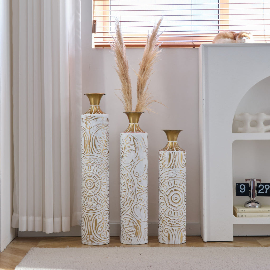 White / Gold Metal Floor Vases Set of 3 with Durable Modern Design
