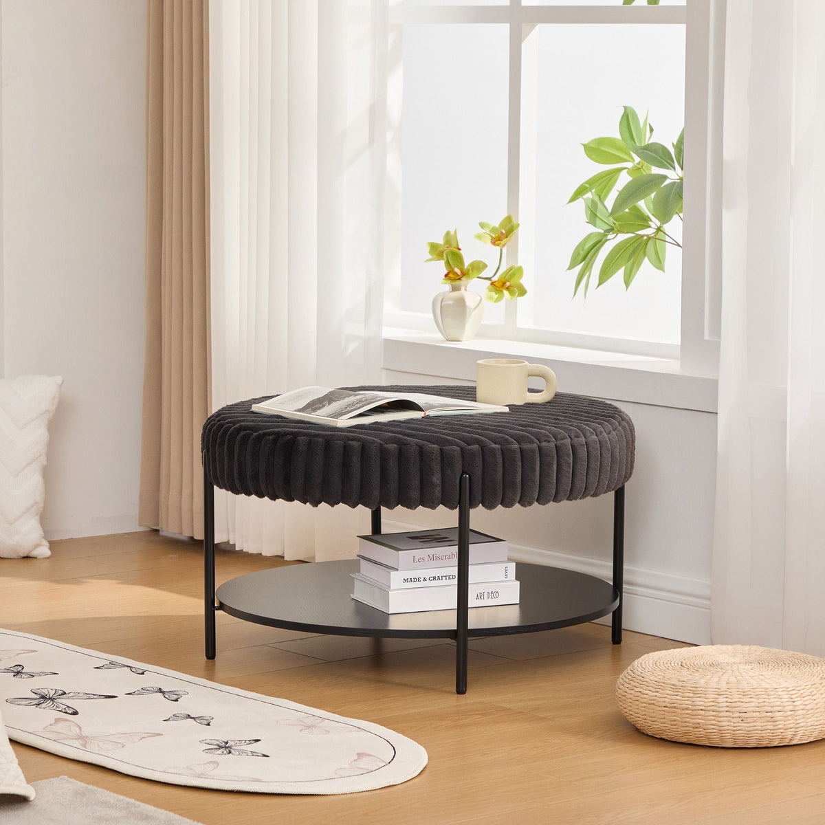 Modern Upholstered Round Ottoman Coffee Table with Storage Shelf - Fabric
