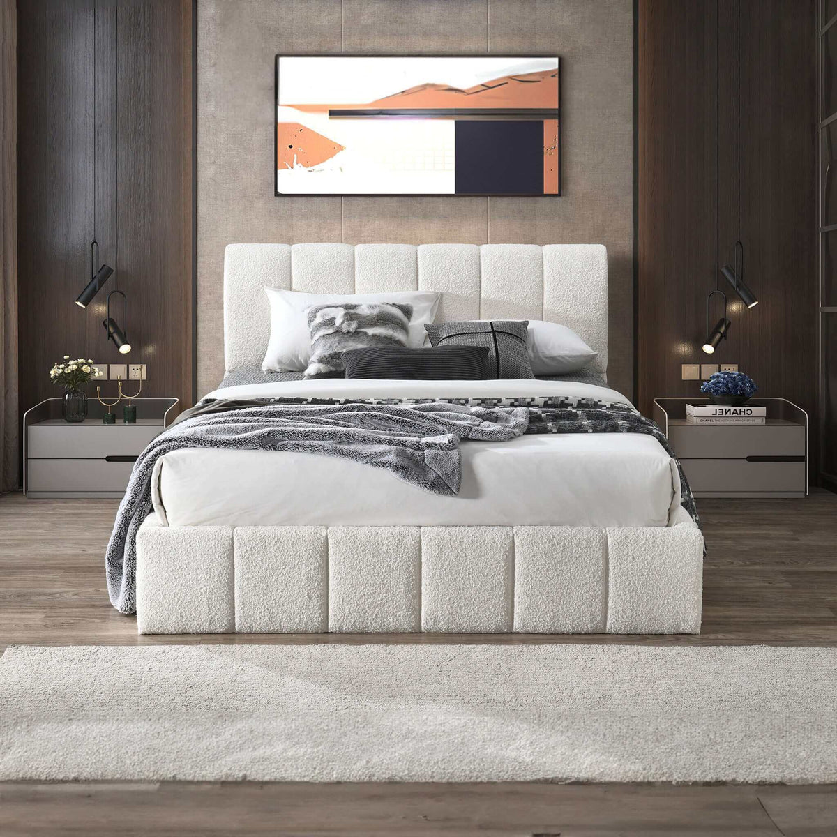 White Upholstered Platform Bed with Hydraulic Storage