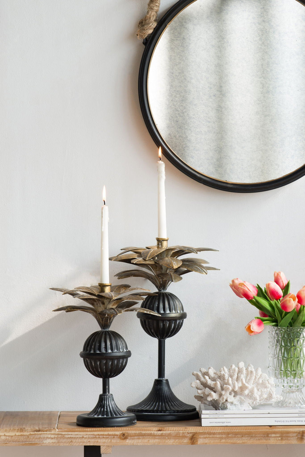 Black Circle Wall Mirror with Rope Strap - Contemporary Metal Frame
