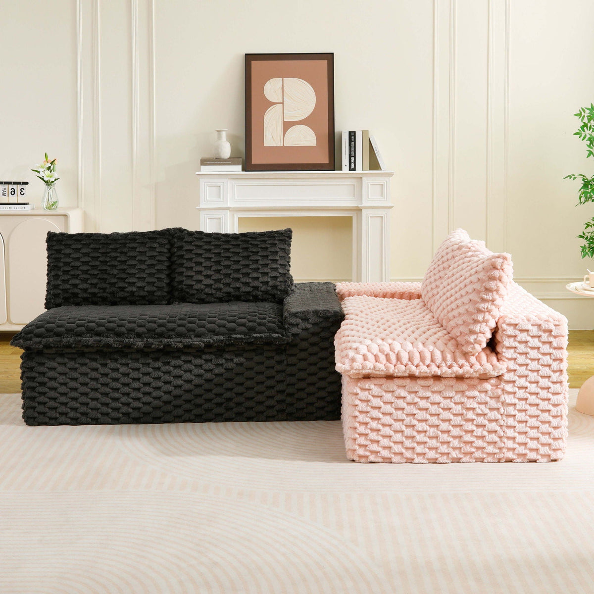Multifunctional 4-Seater Stationary Sofa with Adjustable Layout - Pink & Black