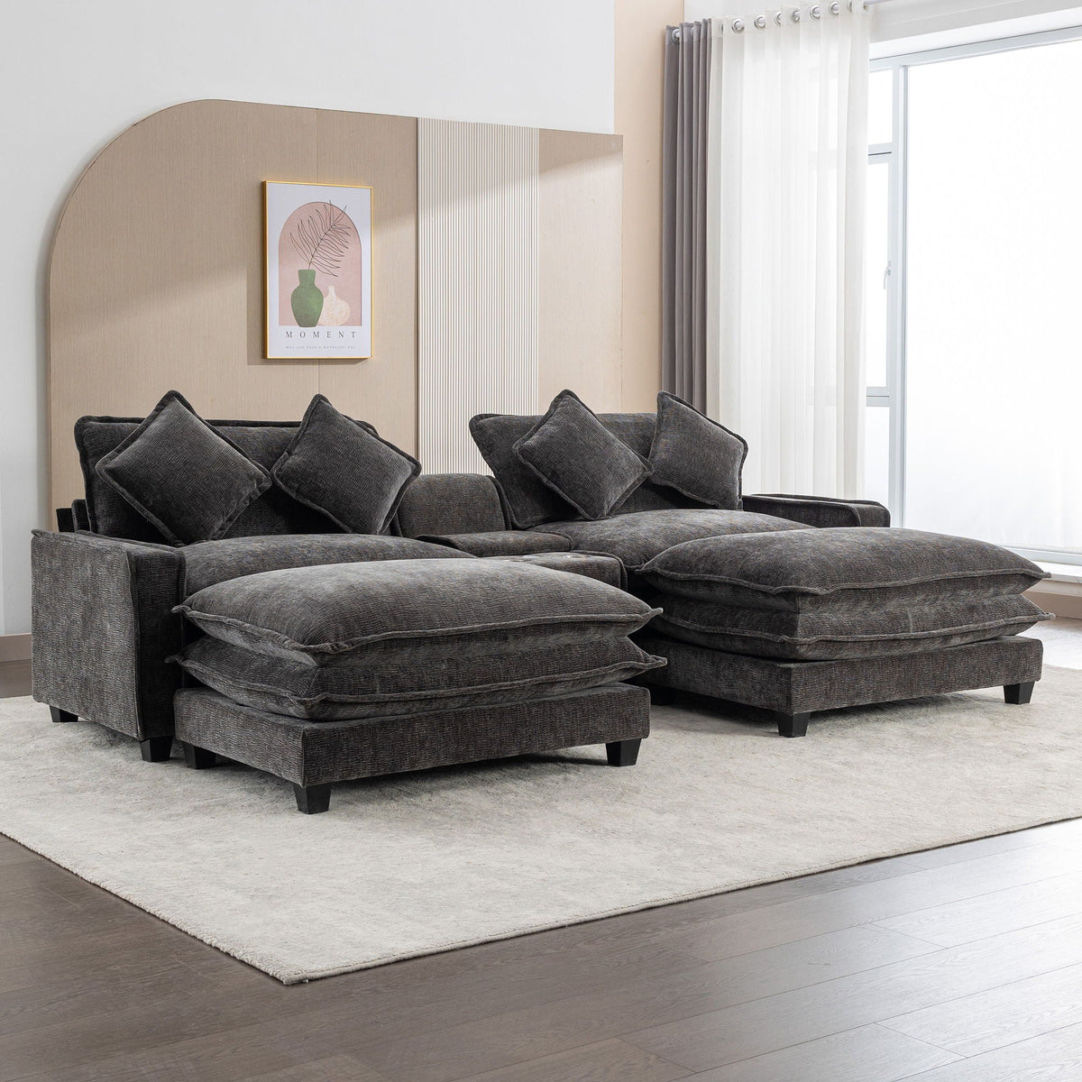 Modern Sectional Sofa with Removable Ottomans, USB Ports - Dark Gray or Light Blue