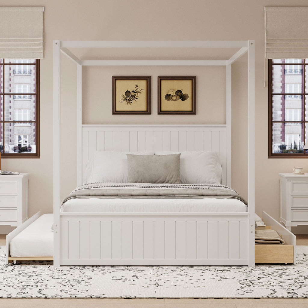 Canopy Platform Bed with Trundle and 3 Storage Drawers - Queen, Solid Pine