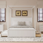 Canopy Platform Bed with Trundle and 3 Storage Drawers - Queen, Solid Pine