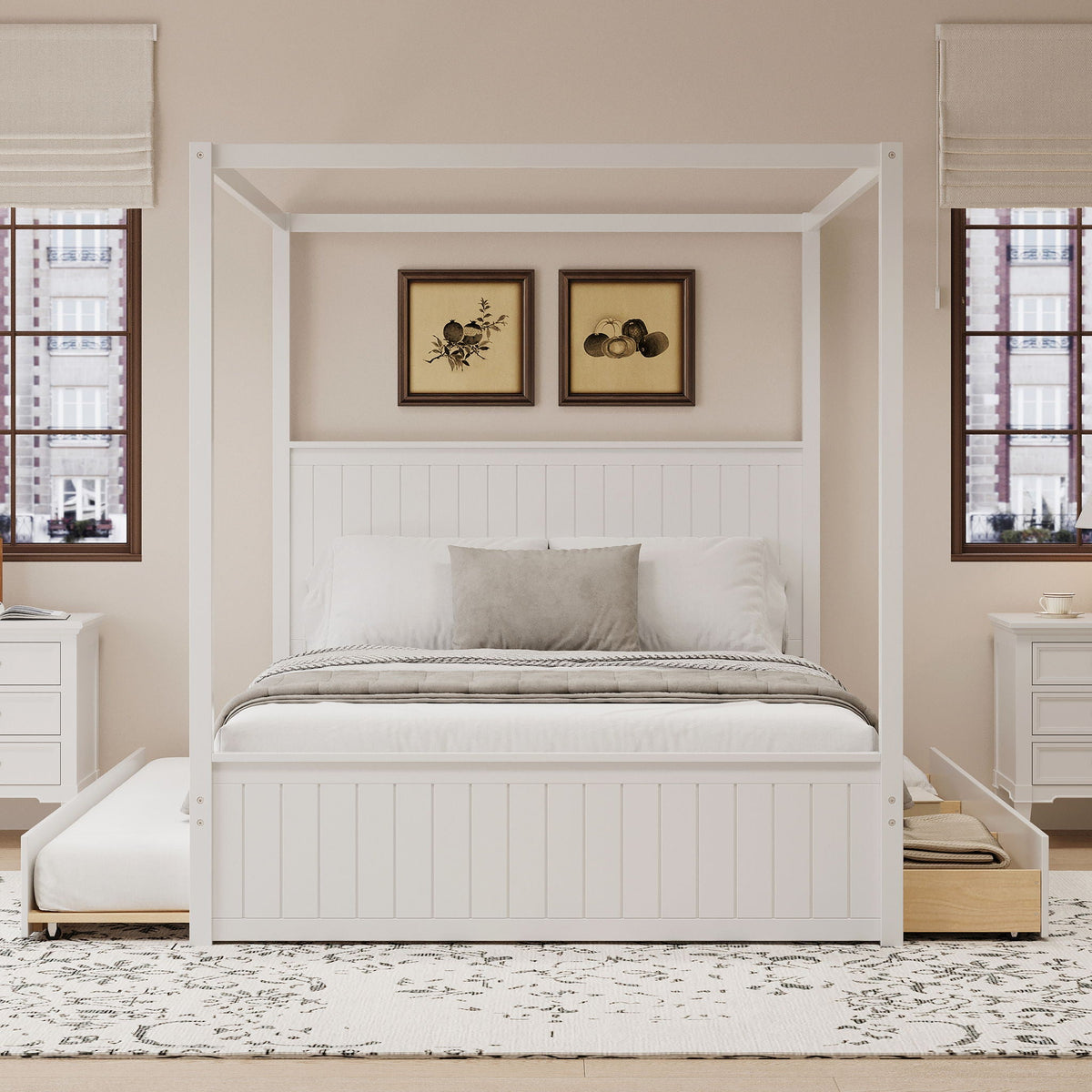 Canopy Platform Bed with Trundle and 3 Storage Drawers - Queen, Solid Pine