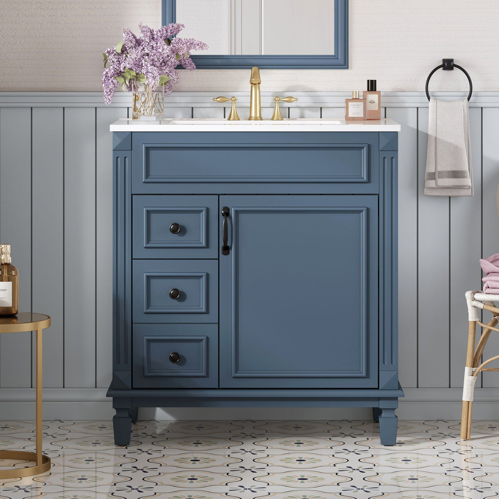Bathroom Vanity with Ceramic Sink and Storage - White or Blue