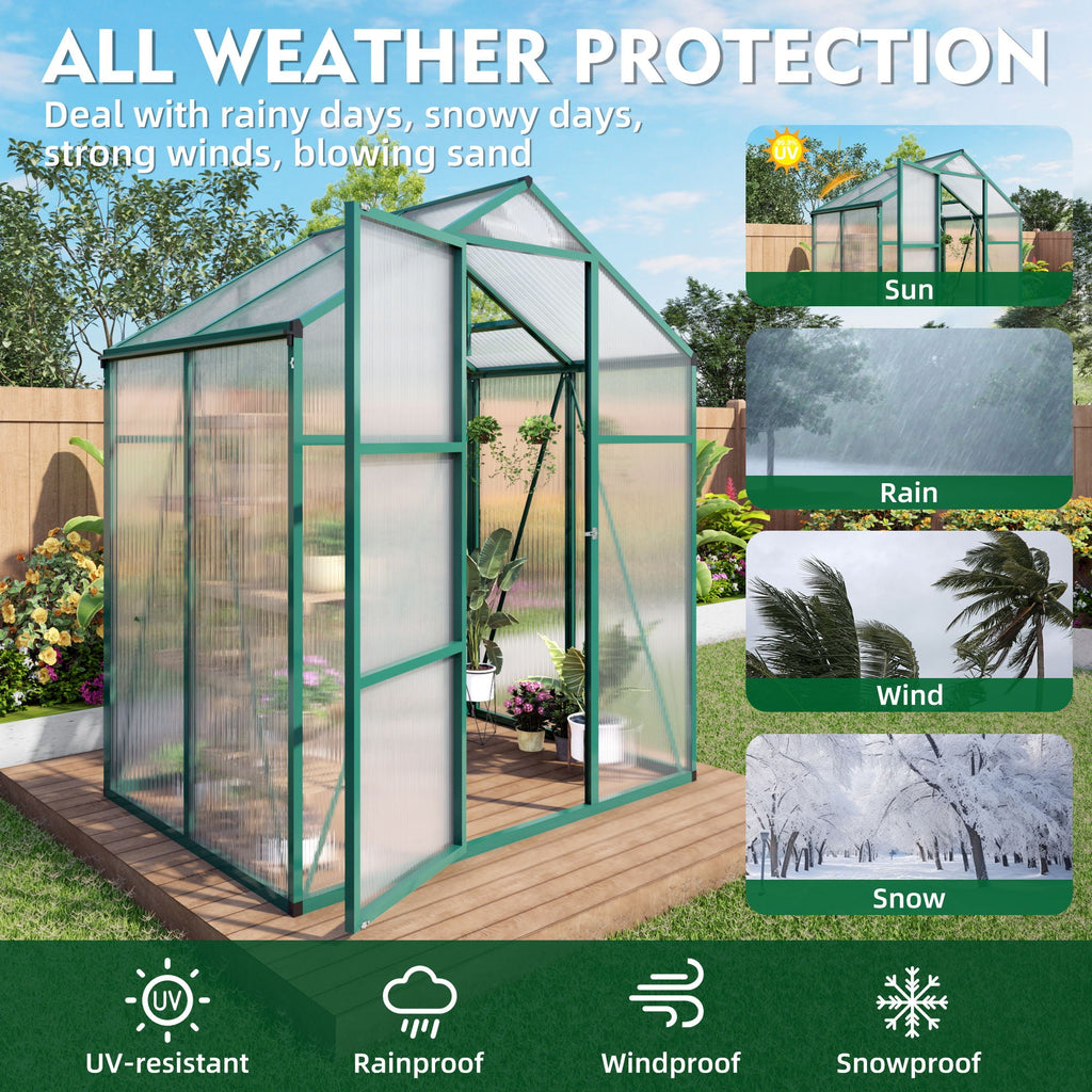 Polycarbonate Walk-In Greenhouse with Raised Base - Green
