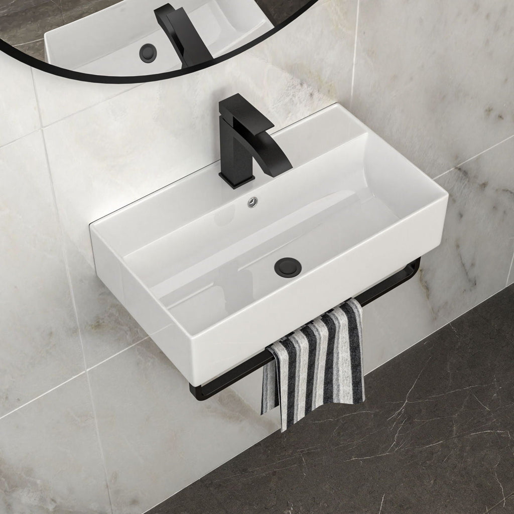 Wall Mounted Rectangular Bathroom Sink with Towel Bar - Black or Gold